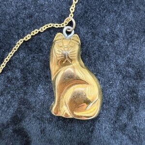 Vintage Solid Bronze Hematite Cat Pendant Necklace • Carved Feline Jewelry
